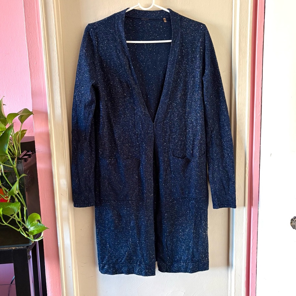 Elie Tahari Navy Blue Cardigan w Silver Metallic Thread, Pockets & Clasp Closure